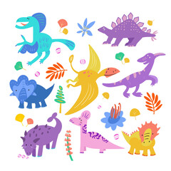 Cute set dinosaurs hand drawn vector color characters. Dino flat clipart. Sketch prehistoric animals. Jurassic reptiles isolated doodle drawing. Scandinavian cartoon kids illustrations. 