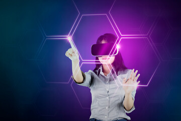 Businesswoman working in metaverse virtual office