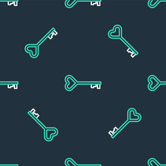 Line Key in heart shape icon isolated seamless pattern on black background. Valentines day symbol. Vector