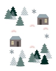Obraz na płótnie Canvas Winter, December, Houses, holiday, congratulations, forest, snow, New Year, festive decor, postcard, concept, clipart