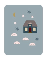 Winter, December, House, holiday, congratulations, forest, snow, New Year, festive decor, postcard, concept, clipart