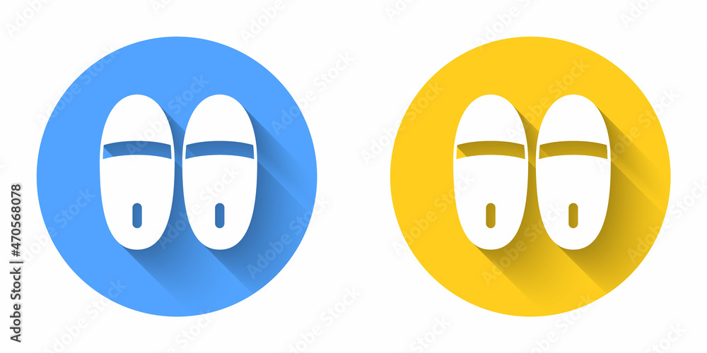 Poster White Slippers icon isolated with long shadow background. Flip flops sign. Circle button. Vector