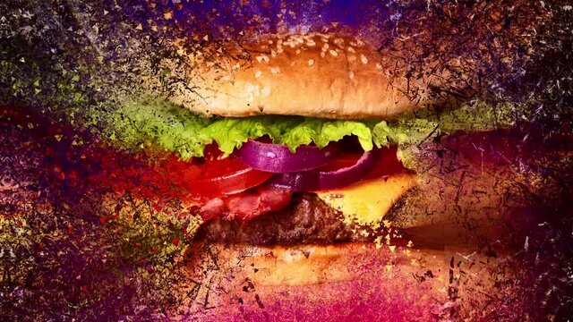Overload Hamburger Exploding With Flying Tiny Pieces. Food Art Concept Background. -  Closeup Shot
