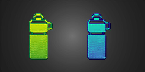 Green and blue Fitness shaker icon isolated on black background. Sports shaker bottle with lid for water and protein cocktails. Vector