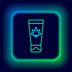 Glowing neon line Medical cream with marijuana or cannabis leaf icon isolated on black background. Mock up of cannabis oil extracts in jars. Colorful outline concept. Vector