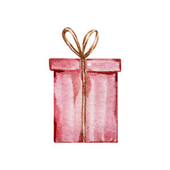 Watercolor Christmas illustration of red gift box