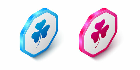 Isometric Clover trefoil leaf icon isolated on white background. Happy Saint Patricks day. National Irish holiday. Hexagon button. Vector