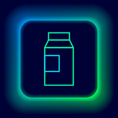 Glowing neon line Paper package for milk icon isolated on black background. Milk packet sign. Colorful outline concept. Vector