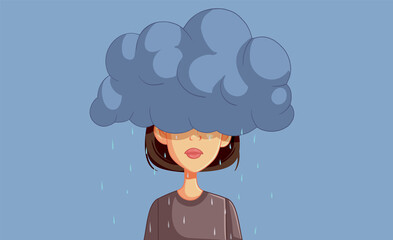 Depressed Unhappy Woman Feeling Under the Weather Vector Illustration