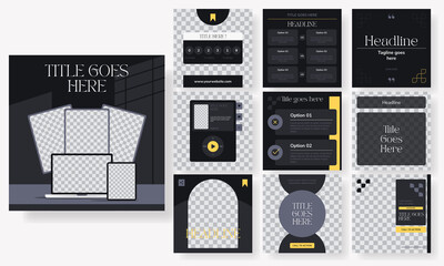 Set of editable square instagram post coach, trainer, instructor, mentor with black gold design vector template ai & eps