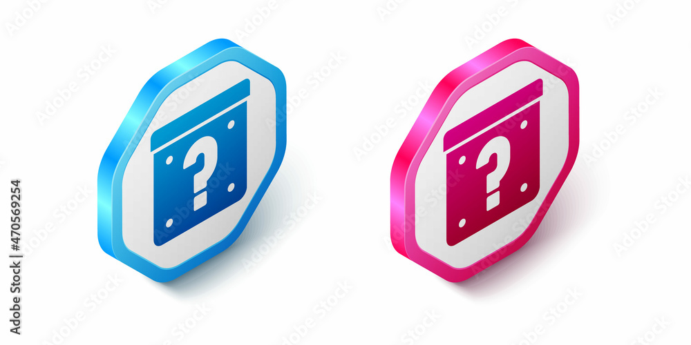 Poster isometric mystery box or random loot box for games icon isolated on white background. question mark.
