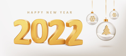 Obraz na płótnie Canvas 2022 Happy New Year. New Year card with numbers 2022 on beige background with glass balls. Realistic vector illustration.