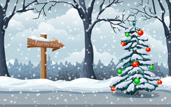 winter snowy landscape, festive illustration with spruce tree, wooden signpost in snow, snowfall. cute picture of magic forest at Christmas Time. great for holiday design. cartoon style vector clipart