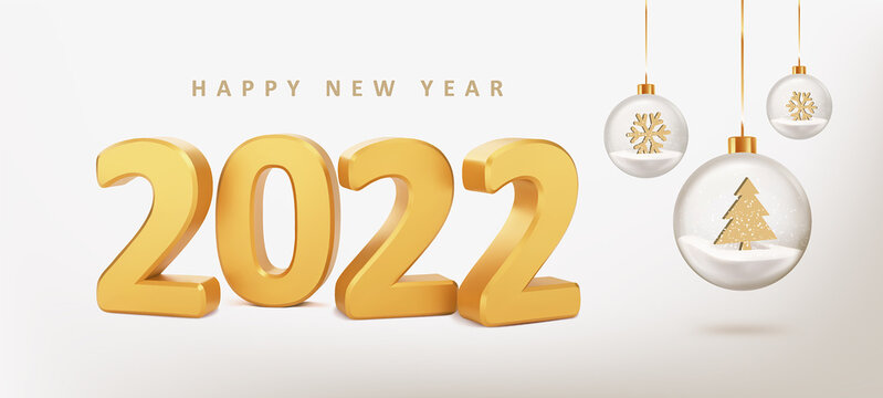 2022 Happy New Year. New Year card with numbers 2022 on beige background with glass balls. Realistic vector illustration.