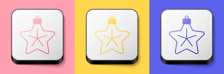 Isometric Christmas star icon isolated on pink, yellow and blue background. Merry Christmas and Happy New Year. Square button. Vector
