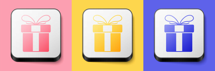 Isometric Gift box icon isolated on pink, yellow and blue background. Merry Christmas and Happy New Year. Square button. Vector