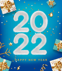 Fototapeta na wymiar Happy New Year 2022. Numbers 2022 from white fur on blue background. Trendy Xmas background with gifts, glitter golden confetti. Realistic vector illustration. Banner invitation., card