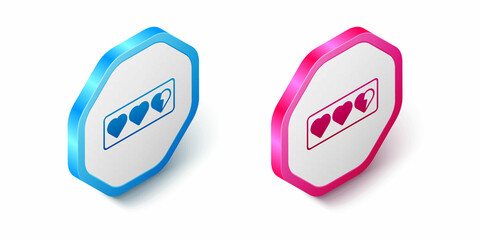 Isometric Game life bar icon isolated on white background. Health heart bar. Hexagon button. Vector