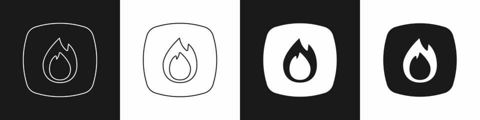 Set Fire flame icon isolated on black and white background. Vector