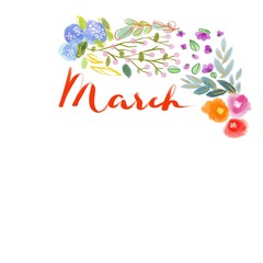 Calendar of March month with flower. Hand drawn to watercolor brush.