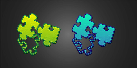 Green and blue Puzzle pieces toy icon isolated on black background. Vector