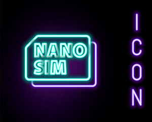 Glowing neon line Nano Sim Card icon isolated on black background. Mobile and wireless communication technologies. Network chip electronic connection. Colorful outline concept. Vector