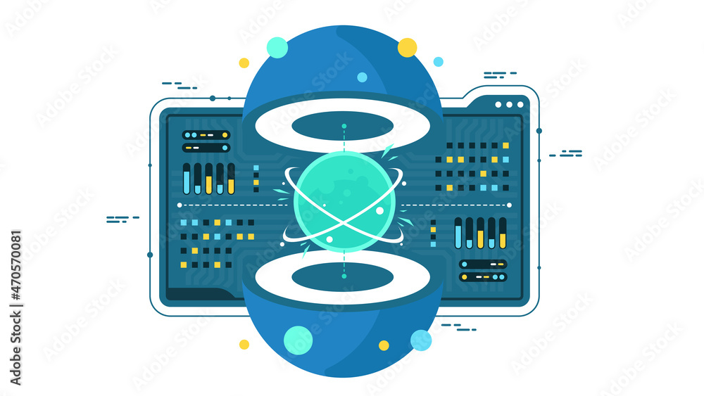 Poster technology infographic design for quantum computer. blockchain server concept, server room, database