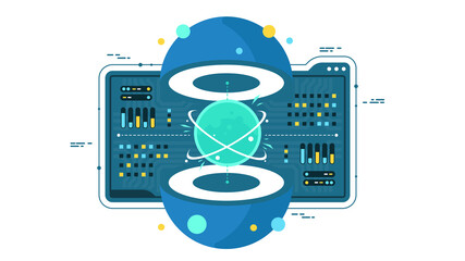 Technology infographic design for quantum computer. Blockchain server concept, server room, database, information storage. Creative data concept.