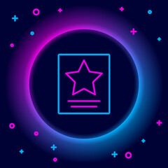 Fototapeta premium Glowing neon line Hollywood walk of fame star on celebrity boulevard icon isolated on black background. Famous sidewalk, boulevard actor. Colorful outline concept. Vector