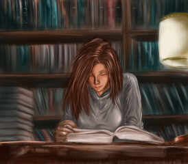 woman reading a book in the library painting