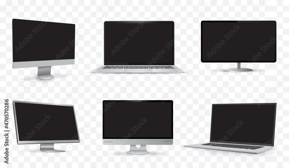 Poster desktop pc and laptop computer screens vector mockup set. blank digital device screens with differen