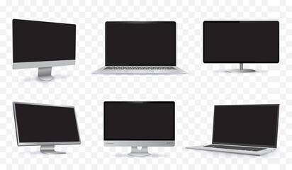 Desktop PC and Laptop Computer Screens Vector Mockup Set. Blank digital device screens with different angle views and transparent background. - obrazy, fototapety, plakaty