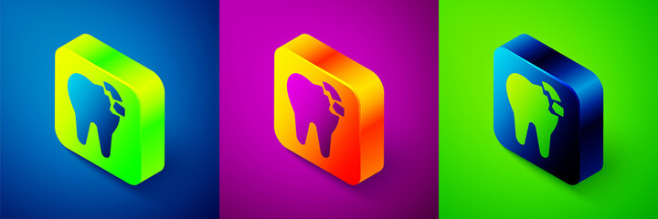 Isometric Broken tooth icon isolated on blue, purple and green background. Dental problem icon. Dental care symbol. Square button. Vector