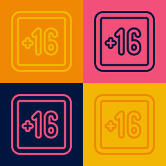 Pop art line Plus 16 movie icon isolated on color background. Adult content. Sixteen plus icon. Censored business concept. Vector