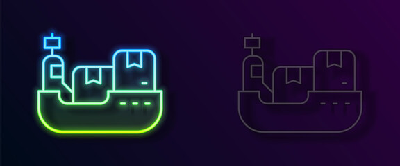 Glowing neon line Cargo ship with boxes delivery service icon isolated on black background. Delivery, transportation. Freighter with parcels, boxes, goods. Vector