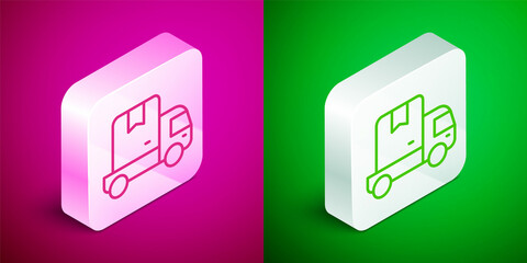 Isometric line Delivery cargo truck vehicle icon isolated on pink and green background. Silver square button. Vector