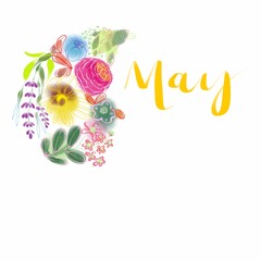 bouquet of flowers, calendar of May month. Hand drawn to watercolor brush.