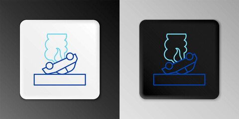 Line Burning car icon isolated on grey background. Car on fire. Broken auto covered with fire and smoke. Colorful outline concept. Vector