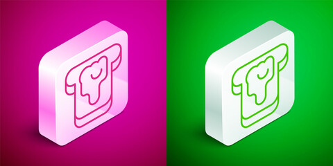 Isometric line Piece of bread with honey icon isolated on pink and green background. Toast with jam or honey. Silver square button. Vector