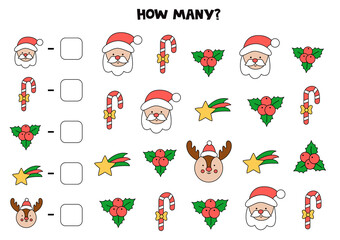 Fototapeta na wymiar Counting game with Christmas pictures. Math worksheet.