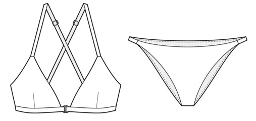 triangle bra cross back beach bikini set vector template - obrazy, fototapety, plakaty