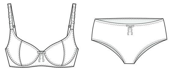 bra and midi brief technical detail drawing vector template