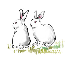 水墨画技法で描いた2匹のウサギ