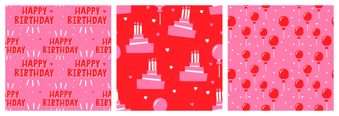 Birthday girl vector seamless pattern set in red and pink colours with balloon, cake and Happy Birthday text designs. Colorful collection of three different repeat backgrounds.