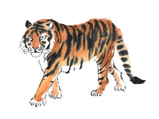 水墨画技法で描かれた歩く虎