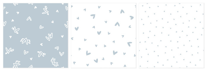 Simple heart non directional vector seamless pattern set. Scandi background in grey and white colours for baby girl clothing, bedding textile or wallpaper.