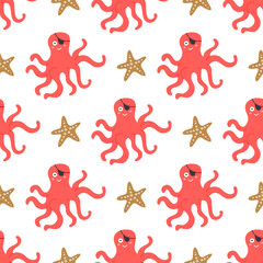 Octopus with pirate armband and starfish, vector seamless pattern in flat cartoon style