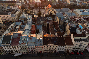Market square in Lviv top view. Cityscape view on old Lvov town with beautiful buildings in Ukraine