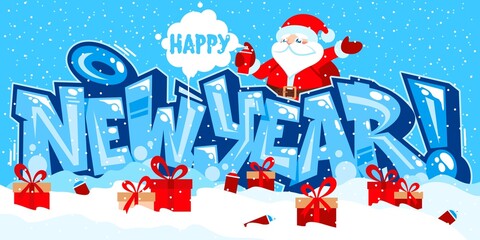 Abstract Banner Happy New Year With Santa Claus In Graffiti Style Font Lettering Vector Illustration Art