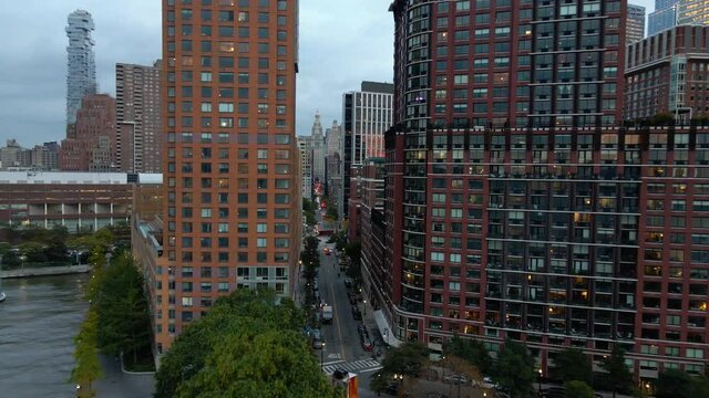 Aerial drone view towards the apartments and schools on the Chambers St, in Tribeca, New York